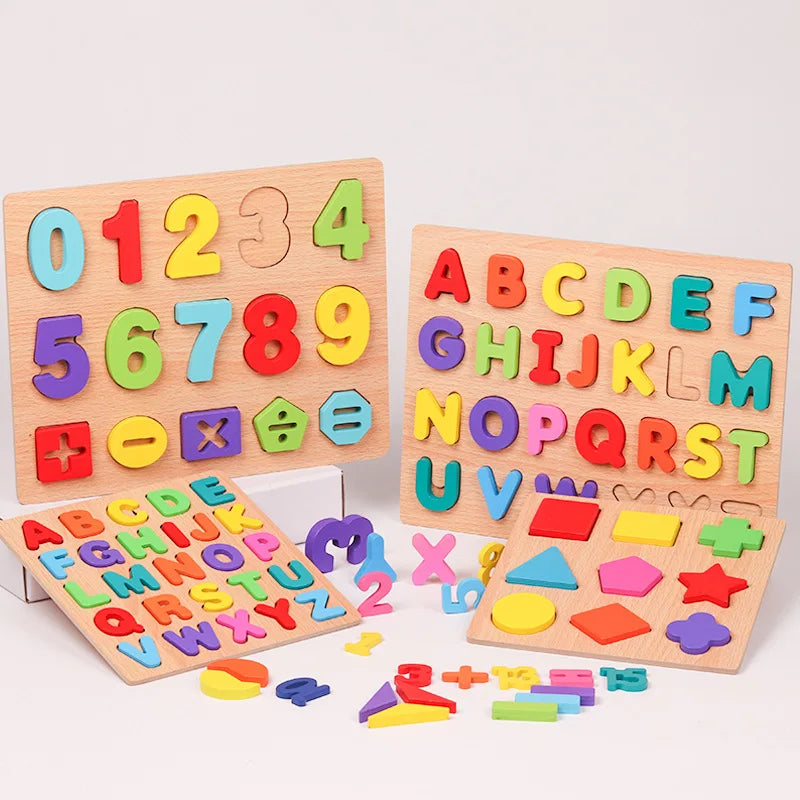 Montessori Wooden Puzzle – Alphabet, Numbers & Shapes for Early Learning