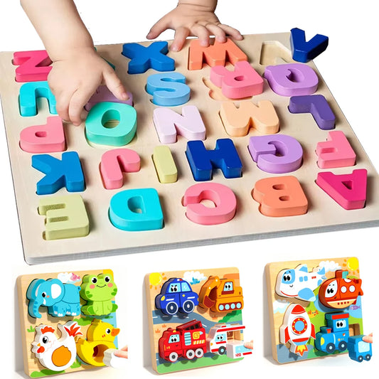 Montessori Wooden Puzzle – Alphabet, Numbers & Shapes for Early Learning