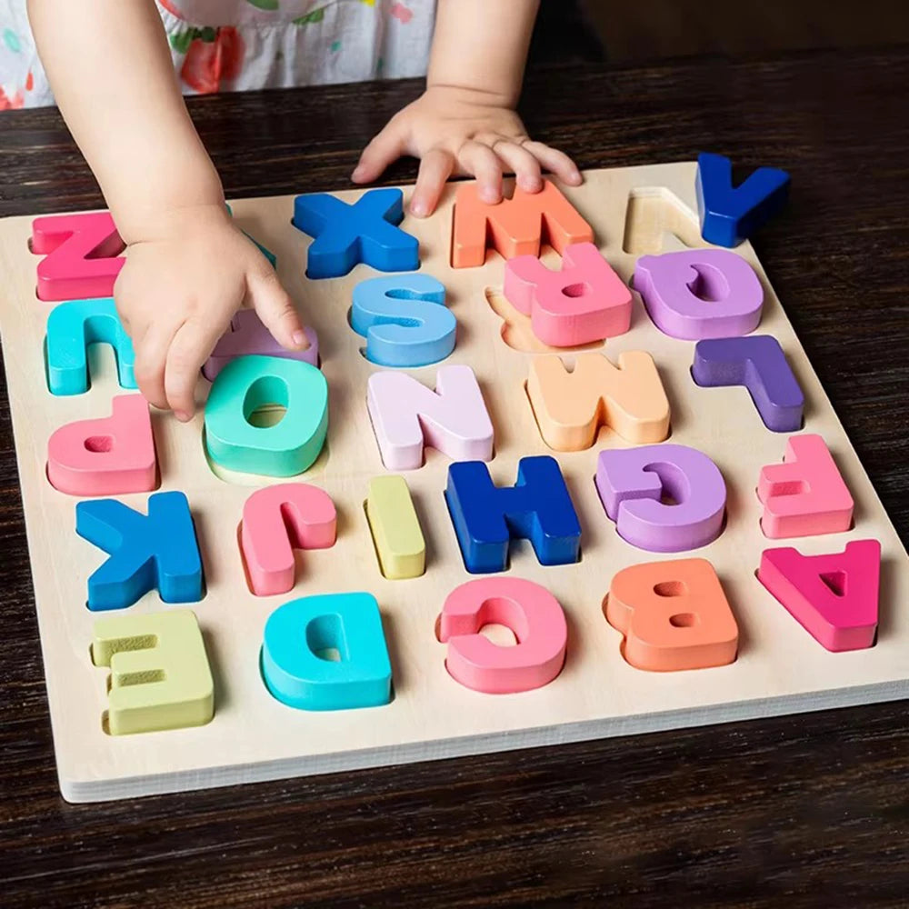 Montessori Wooden Puzzle – Alphabet, Numbers & Shapes for Early Learning
